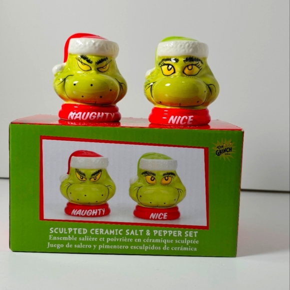 The grinch Dr seuss salt and pepper shaker set ceramic naughty nice new - Picture 1 of 2
